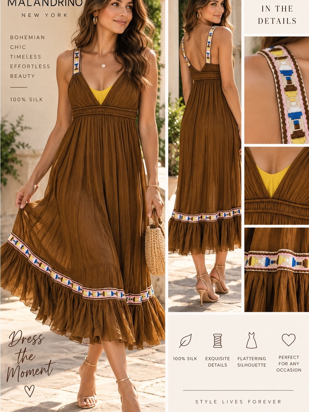Catherine Malandrino 100% Silk Boho Midi Dress Embroidered Straps Size 4